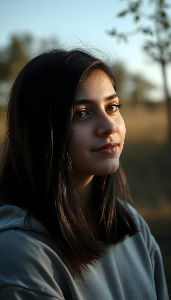 a silhouette of a young beautiful cute Persian teen girl, sunlight falls on her face, she has long (((dark hair))) and dark eyes, ((angelic round face)), ((realistic, detailed portrait)), perfect shadow, she wears a grey hoodie, smile, all against a backdrop in the nature
