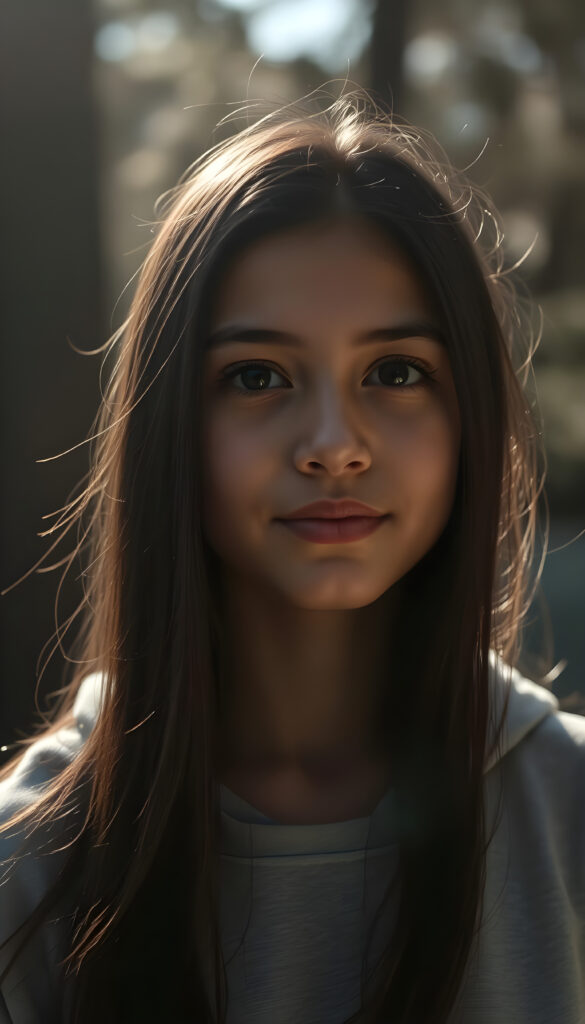 a silhouette of a young beautiful cute Persian teen girl, sunlight falls on her face, she has long (((dark hair))) and dark eyes, ((angelic round face)), ((realistic, detailed portrait)), perfect shadow, she wears a grey hoodie, smile, all against a backdrop in the nature