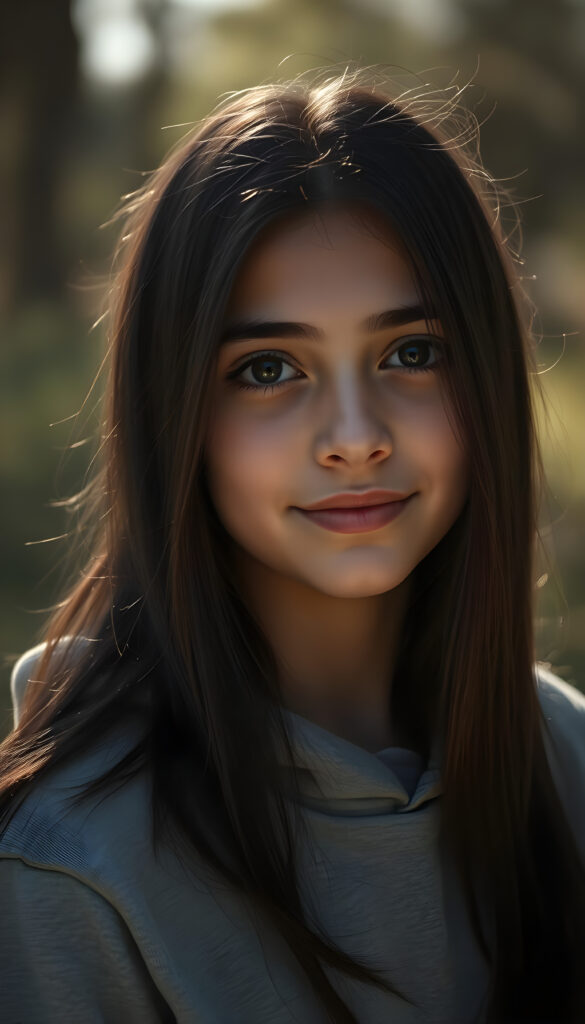 a silhouette of a young beautiful cute Persian teen girl, sunlight falls on her face, she has long (((dark hair))) and dark eyes, ((angelic round face)), ((realistic, detailed portrait)), perfect shadow, she wears a grey hoodie, smile, all against a backdrop in the nature