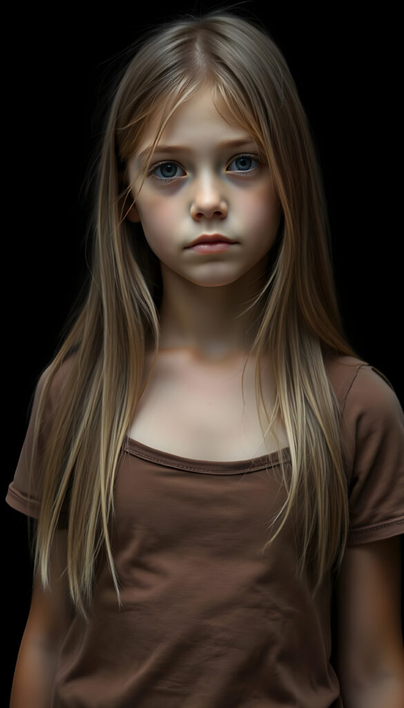 a small busty girl dressed in a brown thin t-shirt, against a black background, long straight blond hair in same length left and right, with brown highlights