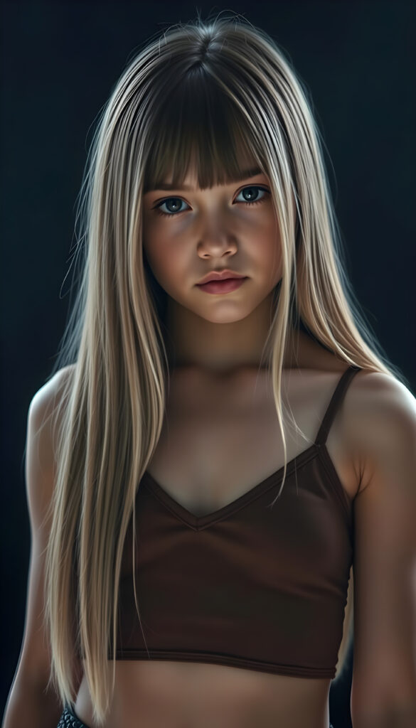 a small busty girl dressed in a brown cropped tank top deep v-neck, against a black background, long straight blond hair in same length left and right, with brown highlights