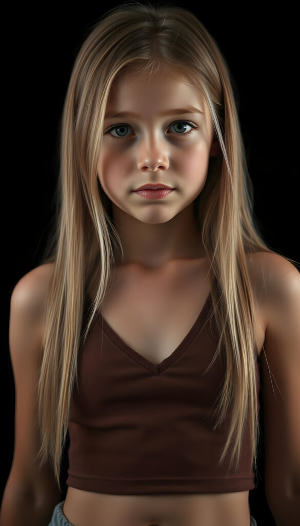 a small busty girl dressed in a brown cropped tank top deep v-neck, against a black background, long straight blond hair in same length left and right, with brown highlights