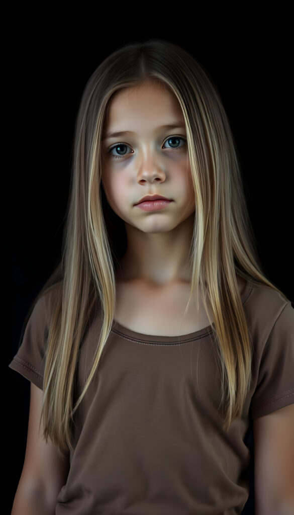 a small busty girl dressed in a brown thin t-shirt, against a black background, long straight blond hair in same length left and right, with brown highlights