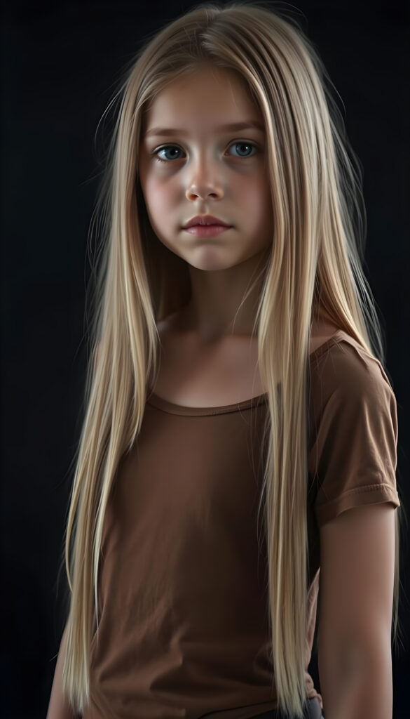 a small busty girl dressed in a brown thin t-shirt, against a black background, long straight blond hair in same length left and right, with brown highlights