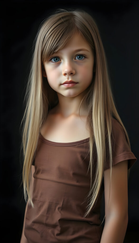 a small busty girl dressed in a brown thin t-shirt, against a black background, long straight blond hair in same length left and right, with brown highlights