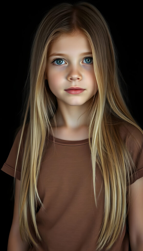 a small busty girl dressed in a brown thin t-shirt, against a black background, long straight blond hair in same length left and right, with brown highlights