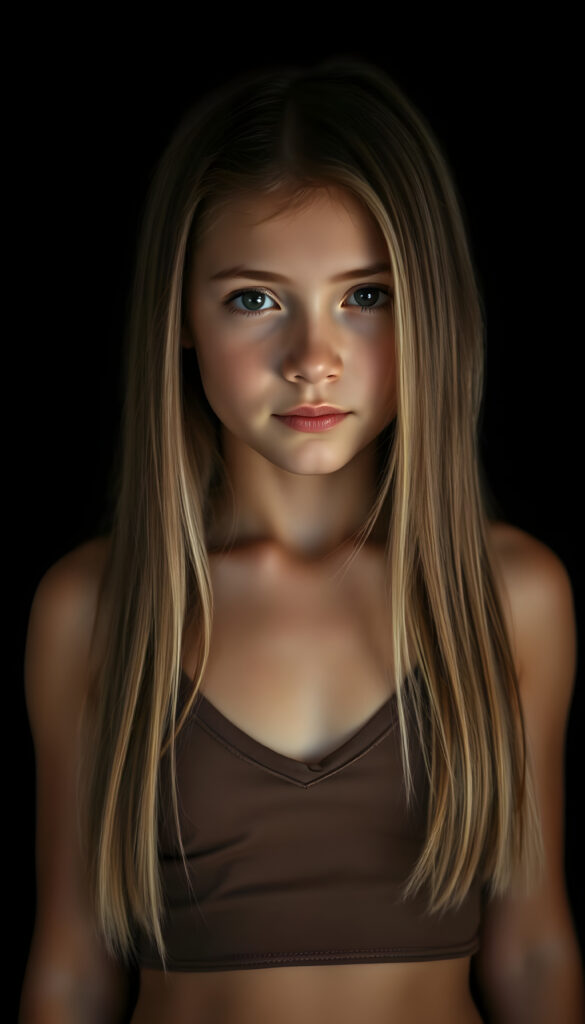 a small busty girl dressed in a brown cropped tank top deep v-neck, against a black background, long straight blond hair in same length left and right, with brown highlights