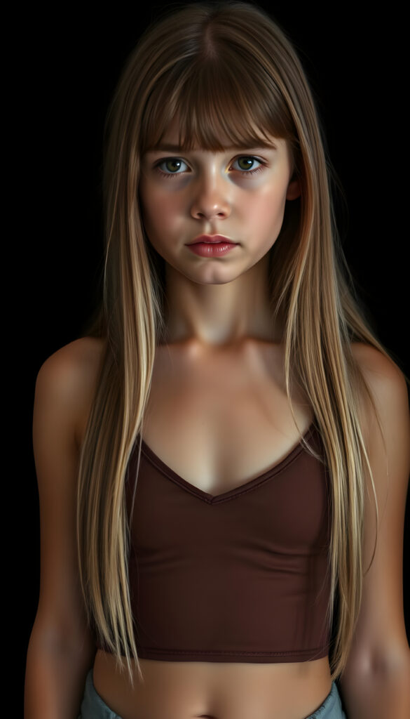 a small busty girl dressed in a brown cropped tank top deep v-neck, against a black background, long straight blond hair in same length left and right, with brown highlights