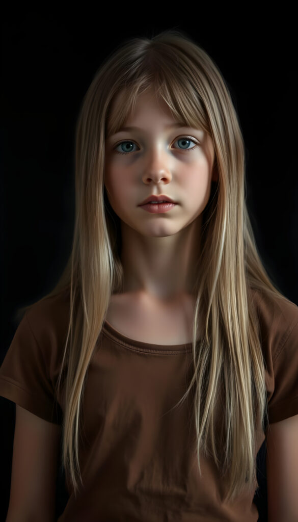 a small busty girl dressed in a brown thin t-shirt, against a black background, long straight blond hair in same length left and right, with brown highlights