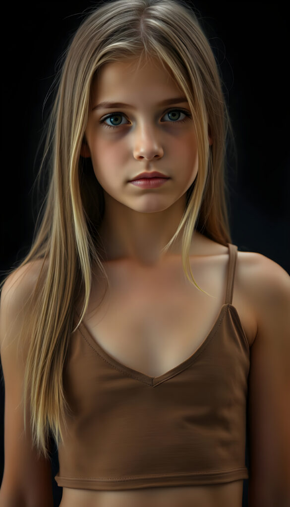 a small busty girl dressed in a brown cropped tank top deep v-neck, against a black background, long straight blond hair in same length left and right, with brown highlights