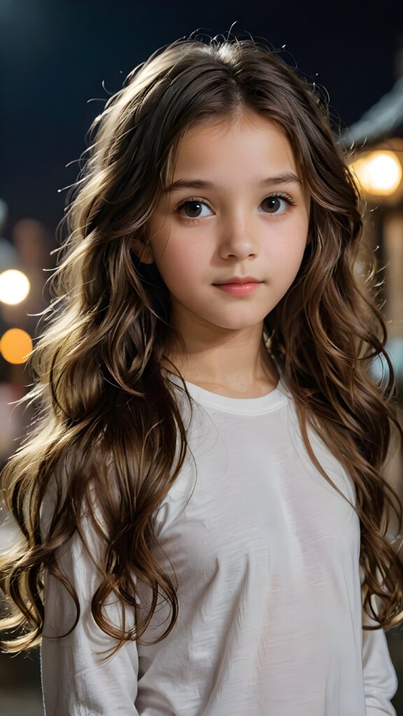 a (((small, young girl, 13 years old))), her hair in (((long, wavy locks))), with dark, striking eyes, exuding an air of innocence and cuteness, she wears a long, thin t-shirt, her features are sharply defined, with full lips and an ethereal beauty reflective of an angelic visage, against a dark backdrop in the night
