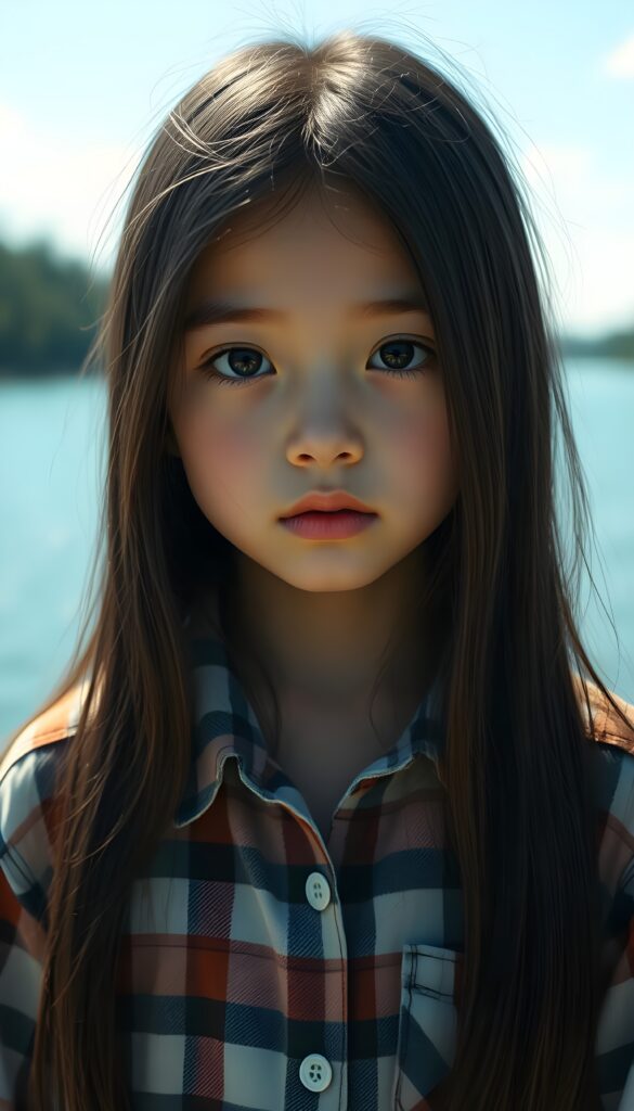 a small, young girl in a plaid shirt. She has long, straight hair and dark eyes. The picture is very detailed. Full lips and an angelic face. A lake can be seen in the background. Sunny.