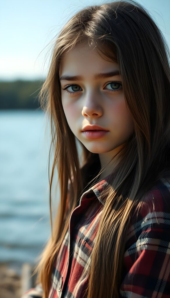 a small, young girl, she looks at the viewer skeptically, in a plaid shirt. She has long, straight hair and dark eyes. The picture is very detailed. Full lips and an angelic face. A lake can be seen in the background. Sunny.