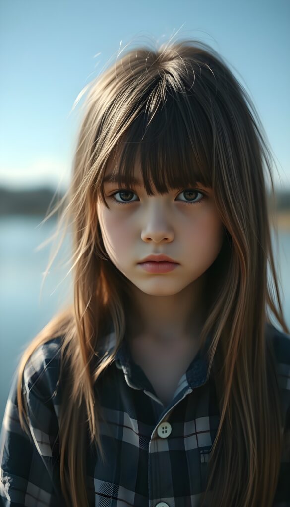 a small, young girl, she looks at the viewer skeptically, in a plaid shirt. She has long, straight hair and dark eyes. The picture is very detailed. Full lips and an angelic face. A lake can be seen in the background. Sunny.