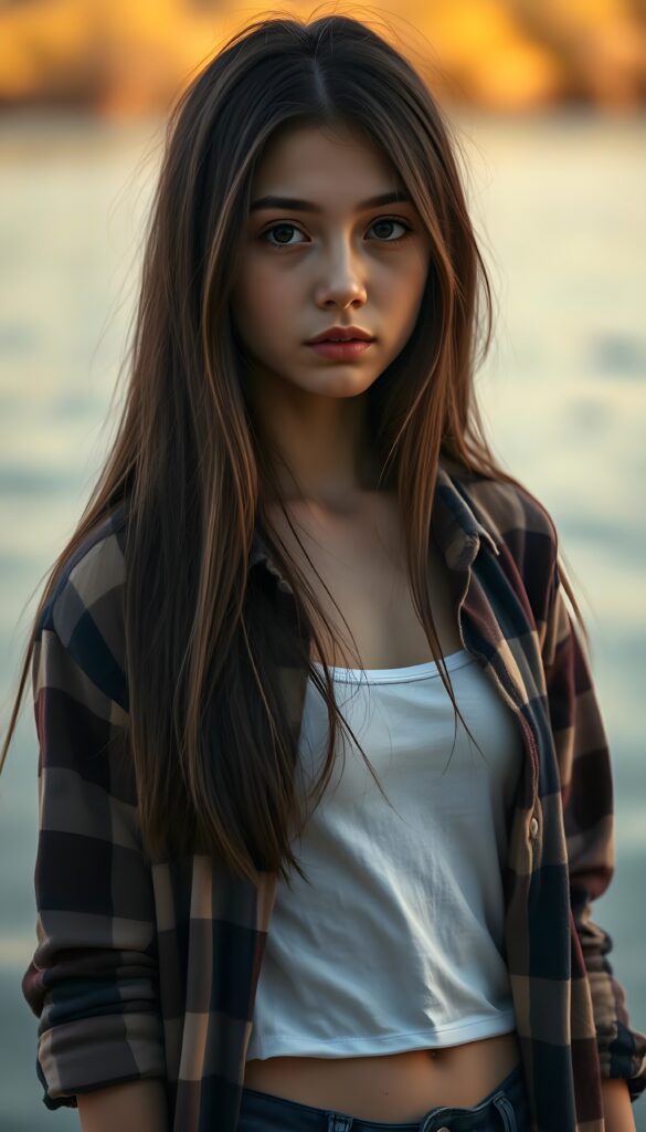 wide angle photo from a young cute girl in a plaid open shirt in brown, white and dark blue, underwear a white t-shirt. She has long, straight hair and dark eyes. The picture is very detailed. Full lips and an angelic face. A lake can be seen in the background.