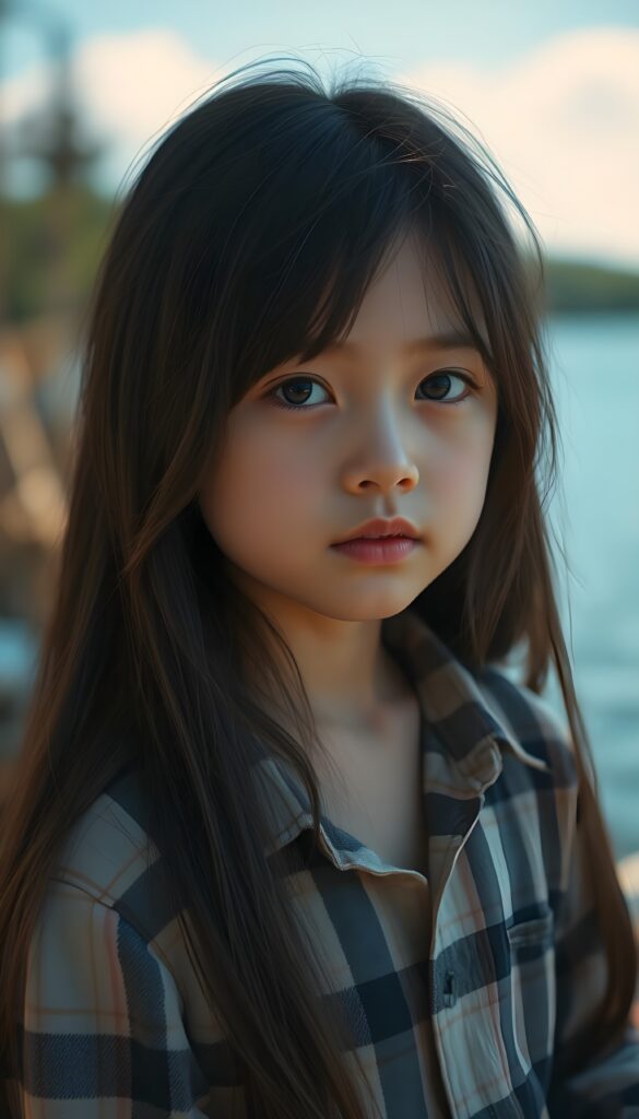 a small, young girl in a plaid shirt. She has long, straight hair and dark eyes. The picture is very detailed. Full lips and an angelic face. A lake can be seen in the background. Sunny.