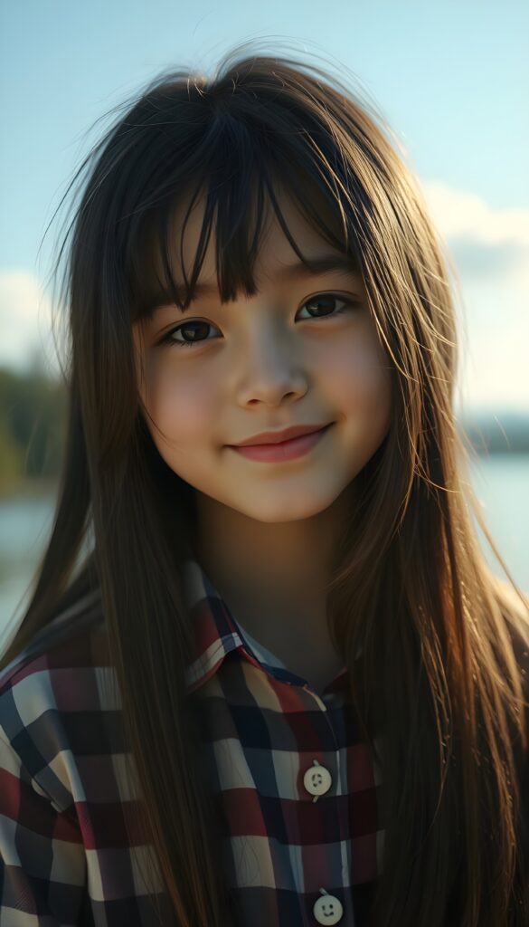 a small, young girl in a plaid shirt. She has long, straight hair and dark eyes. The picture is very detailed. Full lips and an angelic face. A lake can be seen in the background. Sunny. She smile very happy. Friedly.