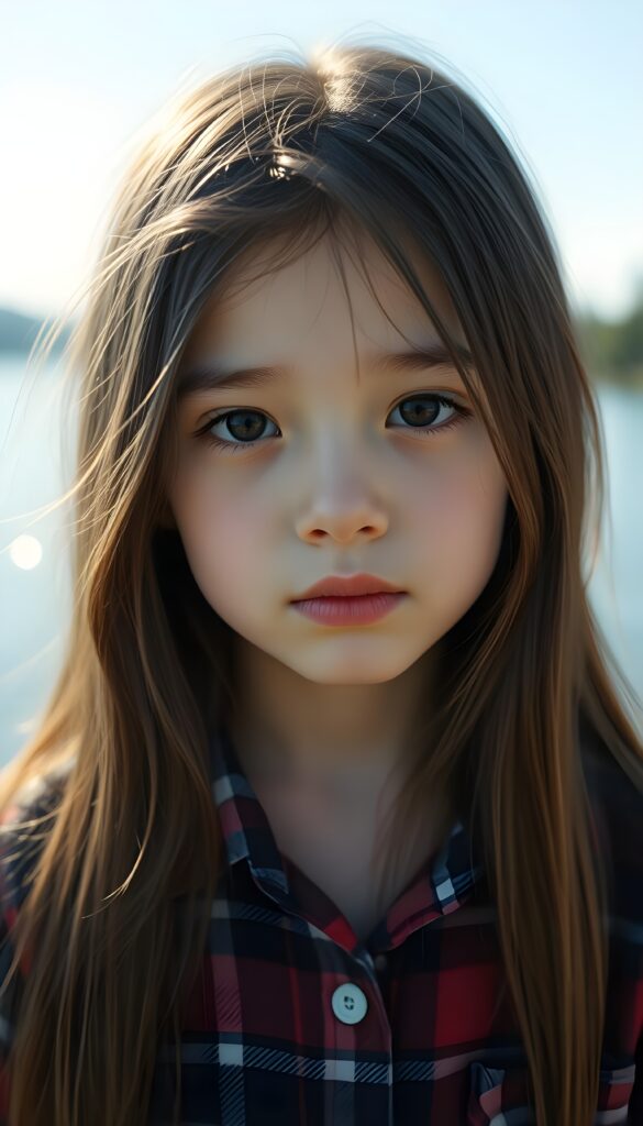 a small, young girl in a plaid shirt. She has long, straight hair and dark eyes. The picture is very detailed. Full lips and an angelic face. A lake can be seen in the background. Sunny.