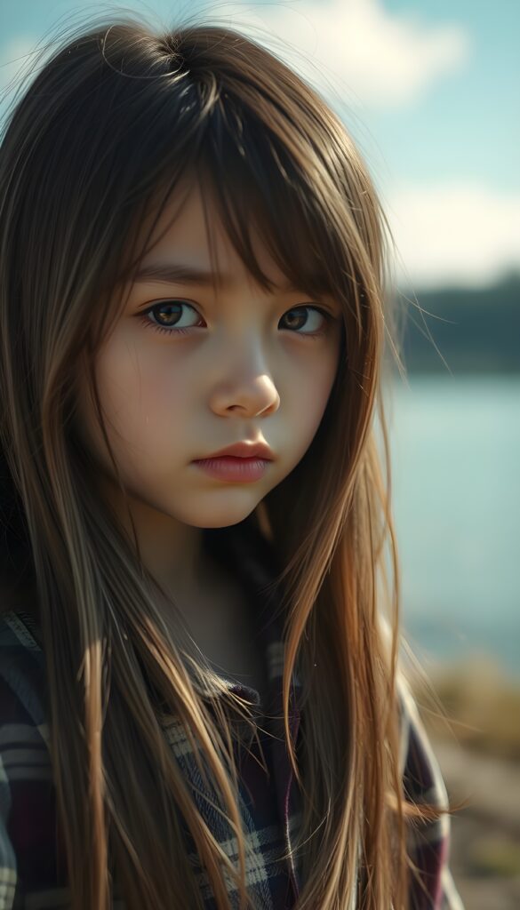 a small, young girl, she looks at the viewer skeptically, in a plaid shirt. She has long, straight hair and dark eyes. The picture is very detailed. Full lips and an angelic face. A lake can be seen in the background. Sunny.