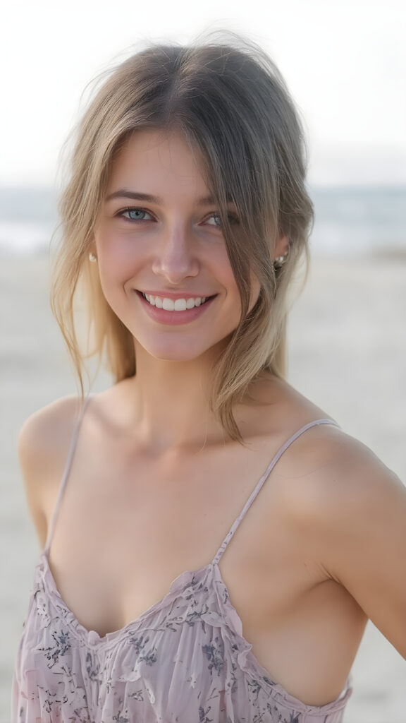 a smiling adult slender fit teen girl in a realistic upper body portrait (((reddish brown hair))) in a beautiful lifted spaghetti dress. The dress is made of lavender flowers. She has straight soft hair, in the background is a sunny sandy beach. Soft and diffuse lighting. Advanced (HDR) shading and contrast for a calm, relaxed atmosphere.