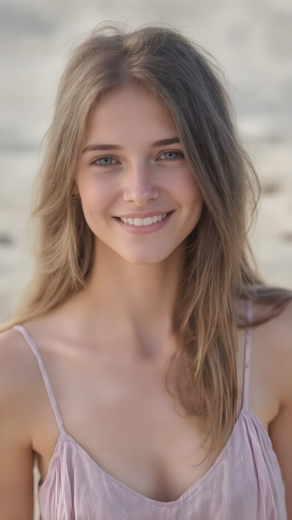a smiling adult slender fit teen girl in a realistic upper body portrait (((reddish brown hair))) in a beautiful lifted spaghetti dress. The dress is made of lavender flowers. She has straight soft hair, in the background is a sunny sandy beach. Soft and diffuse lighting. Advanced (HDR) shading and contrast for a calm, relaxed atmosphere.