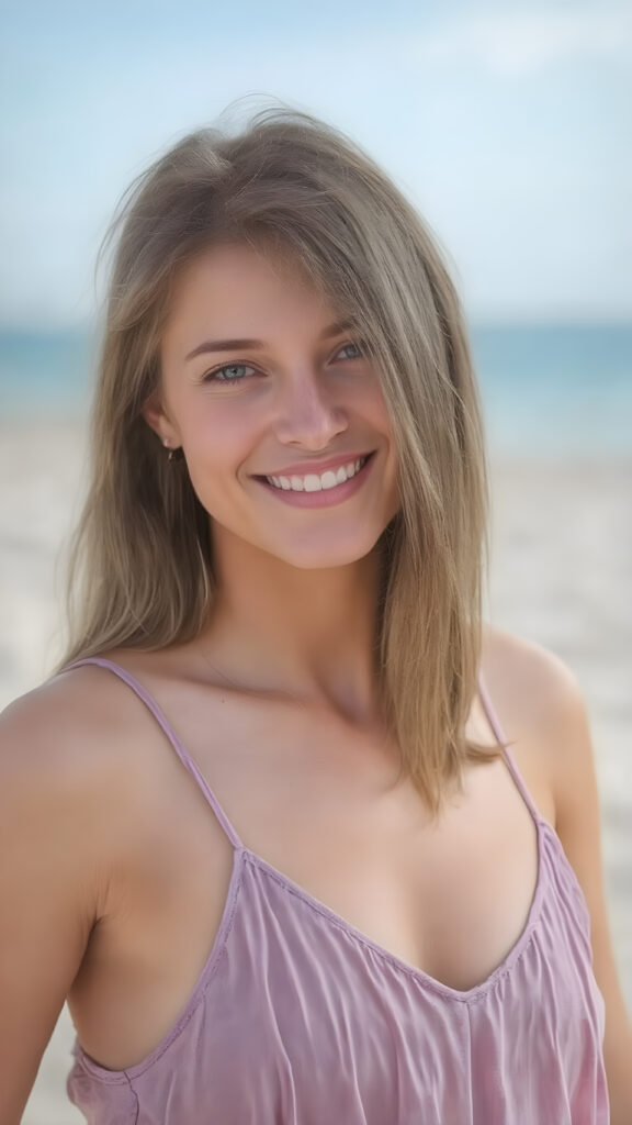 a smiling adult slender fit teen girl in a realistic upper body portrait (((reddish brown hair))) in a beautiful lifted spaghetti dress. The dress is made of lavender flowers. She has straight soft hair, in the background is a sunny sandy beach. Soft and diffuse lighting. Advanced (HDR) shading and contrast for a calm, relaxed atmosphere.