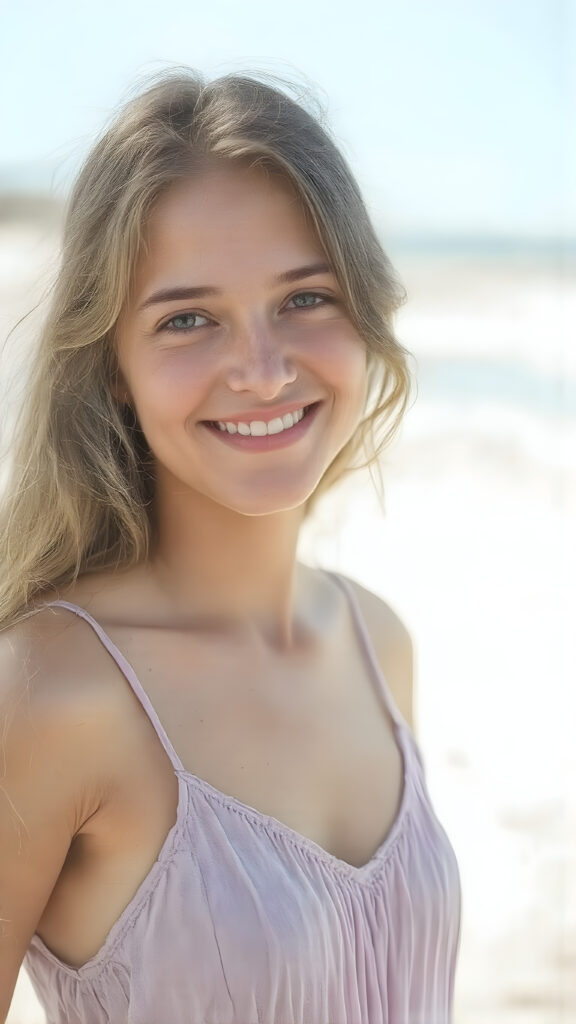 a smiling adult slender fit teen girl in a realistic upper body portrait (((reddish brown hair))) in a beautiful lifted spaghetti dress. The dress is made of lavender flowers. She has straight soft hair, in the background is a sunny sandy beach. Soft and diffuse lighting. Advanced (HDR) shading and contrast for a calm, relaxed atmosphere.