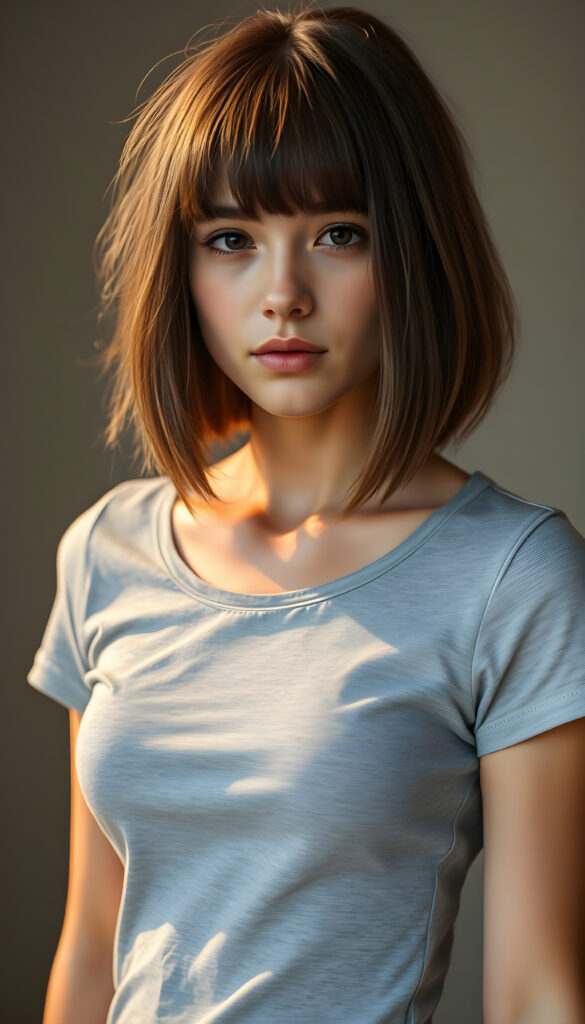 a stunning beautiful natural busty girl, bob cut, wears a light grey plain thin t-shirt, perfect curved female body, soft skin, round face, kissable lips