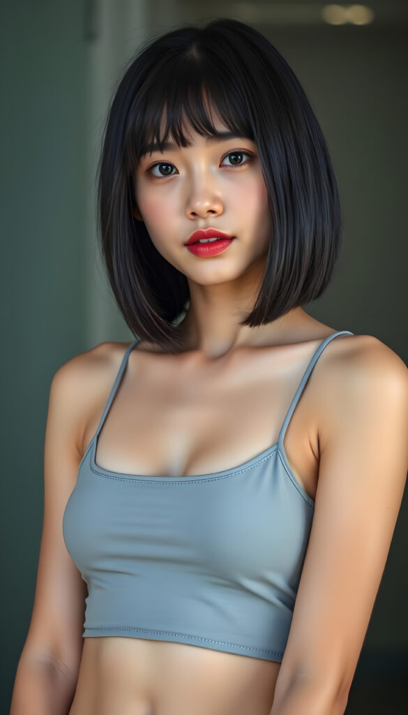 a stunning beautiful natural busty girl, black hair, bob cut, Korean styled bangs, wears a light grey plain cropped tank top, perfect curved female body, soft skin, round face, kissable lips