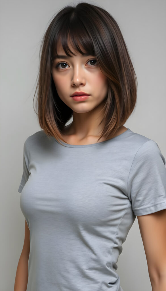 a stunning beautiful natural busty girl, bob cut, wears a light grey plain thin t-shirt, perfect curved female body, soft skin, round face, kissable lips
