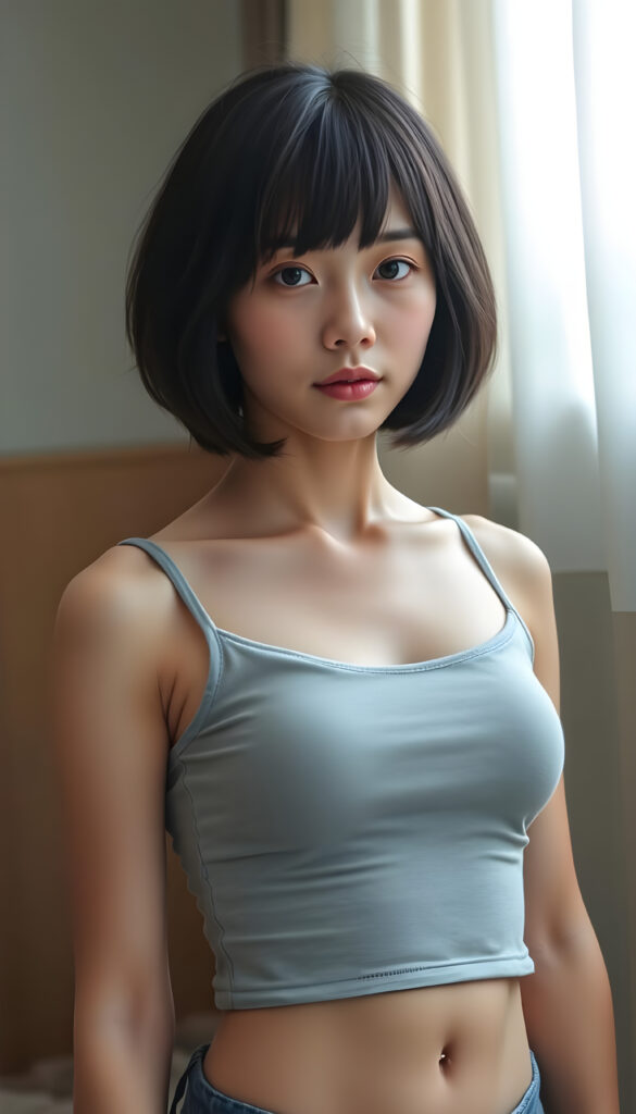 a stunning beautiful natural busty girl, black hair, bob cut, Korean styled bangs, wears a light grey plain cropped tank top, perfect curved female body, soft skin, round face, kissable lips