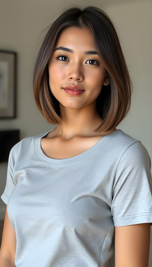 a stunning beautiful natural busty girl, bob cut, wears a light grey plain thin t-shirt, perfect curved female body, soft skin, round face, kissable lips