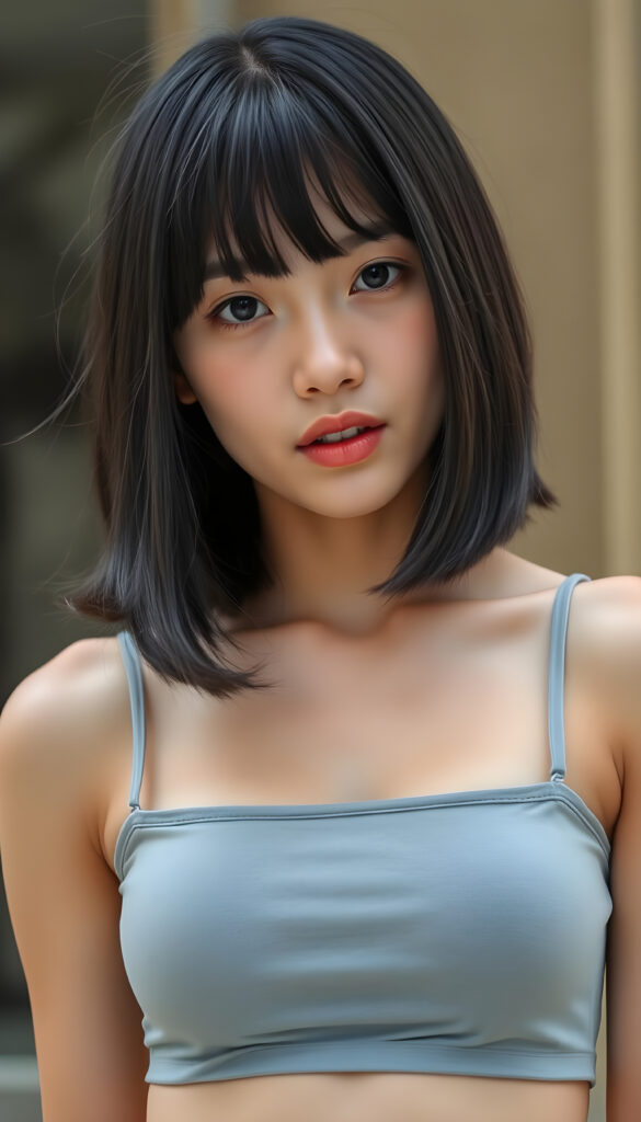 a stunning beautiful natural busty girl, black hair, bob cut, Korean styled bangs, wears a light grey plain cropped tank top, perfect curved female body, soft skin, round face, kissable lips