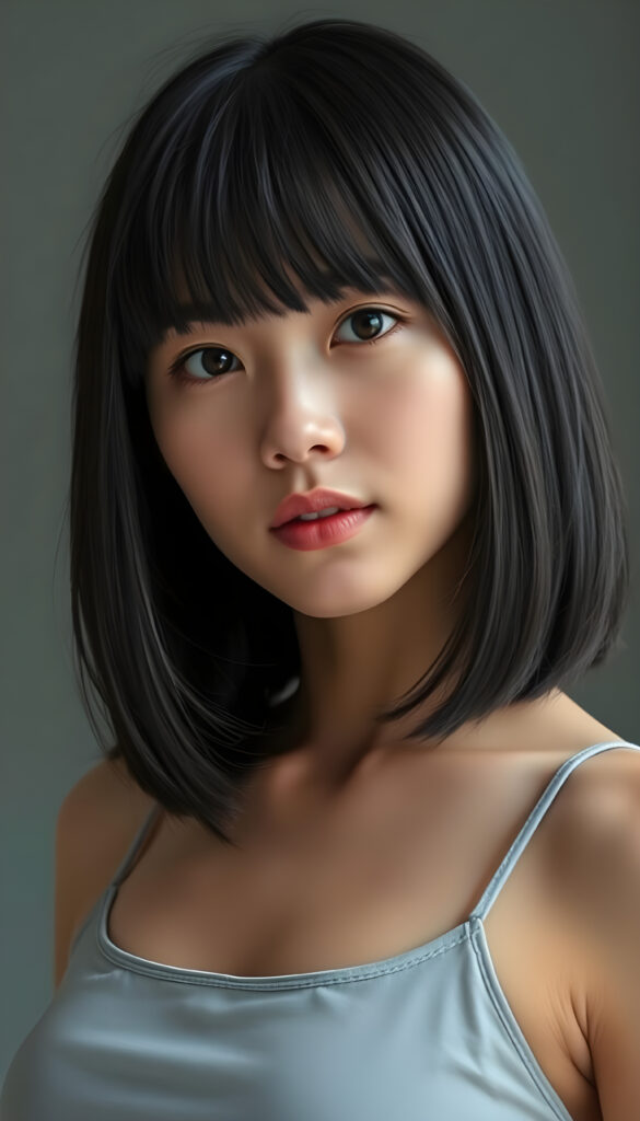 a stunning beautiful natural busty girl, black hair, bob cut, Korean styled bangs, wears a light grey plain cropped tank top, perfect curved female body, soft skin, round face, kissable lips
