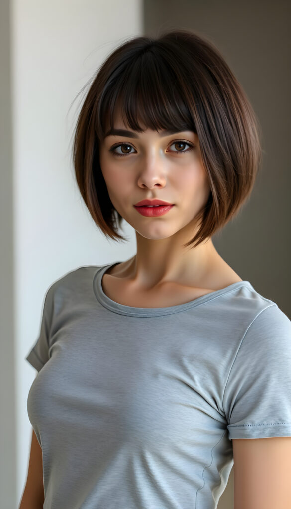 a stunning beautiful natural busty girl, bob cut, wears a light grey plain thin t-shirt, perfect curved female body, soft skin, round face, kissable lips