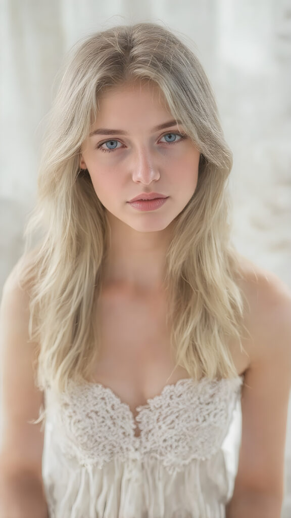 a (((stunning girl))) with (((soft long white hair))), (((extremely beautiful and alluring eyes))), dressed in a flowing (((long white silk dress))), (((adorned with delicate lace and flowers))), exuding tranquility and elegance, under a (misty backdrop of a luxurious white themed bedroom) where a soft glow emanates from her form