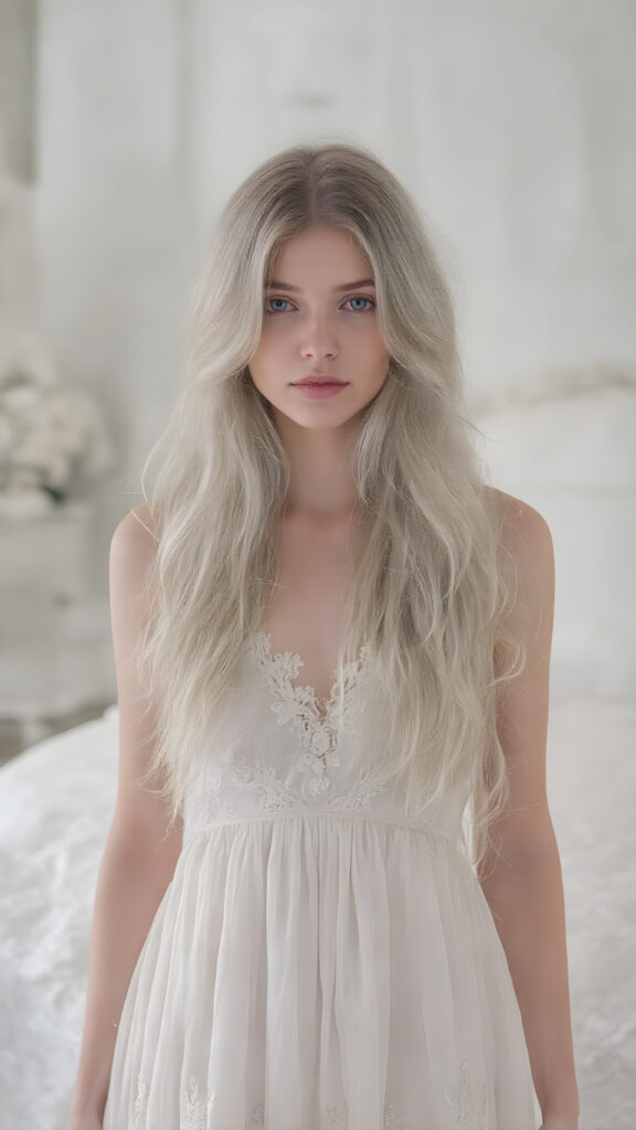 a (((stunning girl))) with (((soft long white hair))), (((extremely beautiful and alluring eyes))), dressed in a flowing (((long white silk dress))), (((adorned with delicate lace and flowers))), exuding tranquility and elegance, under a (misty backdrop of a luxurious white themed bedroom) where a soft glow emanates from her form