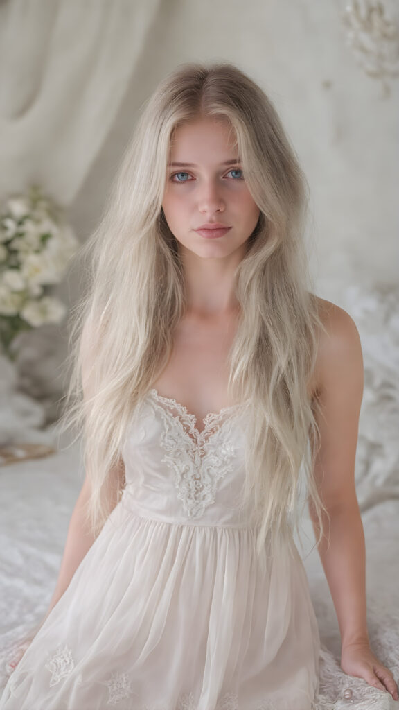 a (((stunning girl))) with (((soft long white hair))), (((extremely beautiful and alluring eyes))), dressed in a flowing (((long white silk dress))), (((adorned with delicate lace and flowers))), exuding tranquility and elegance, under a (misty backdrop of a luxurious white themed bedroom) where a soft glow emanates from her form