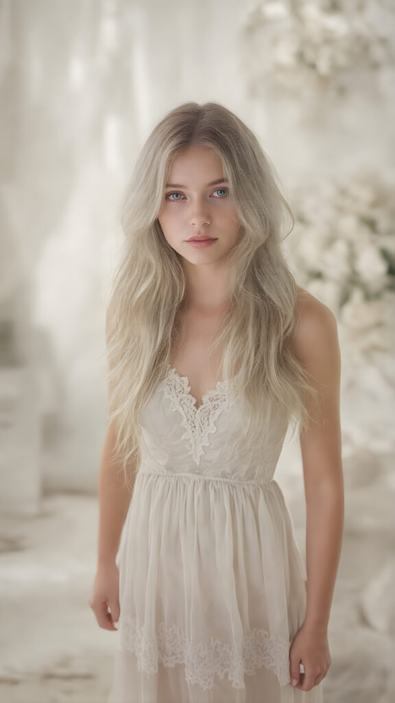a (((stunning girl))) with (((soft long white hair))), (((extremely beautiful and alluring eyes))), dressed in a flowing (((long white silk dress))), (((adorned with delicate lace and flowers))), exuding tranquility and elegance, under a (misty backdrop of a luxurious white themed bedroom) where a soft glow emanates from her form
