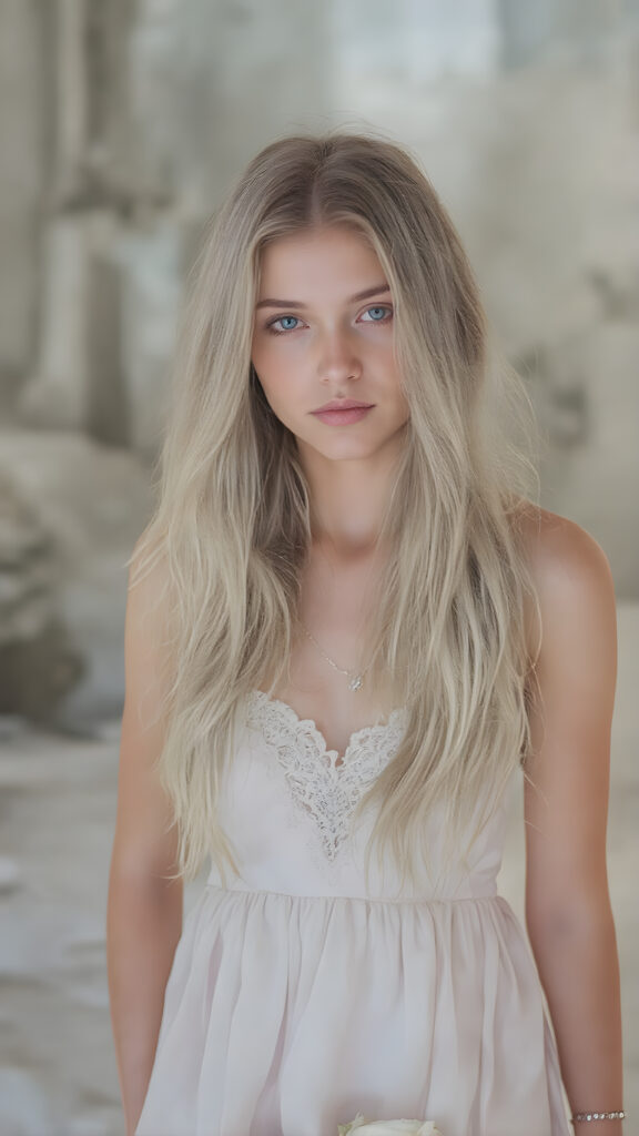 a (((stunning girl))) with (((soft long white hair))), (((extremely beautiful and alluring eyes))), dressed in a flowing (((long white silk dress))), (((adorned with delicate lace and flowers))), exuding tranquility and elegance, under a (misty backdrop of a luxurious white themed bedroom) where a soft glow emanates from her form