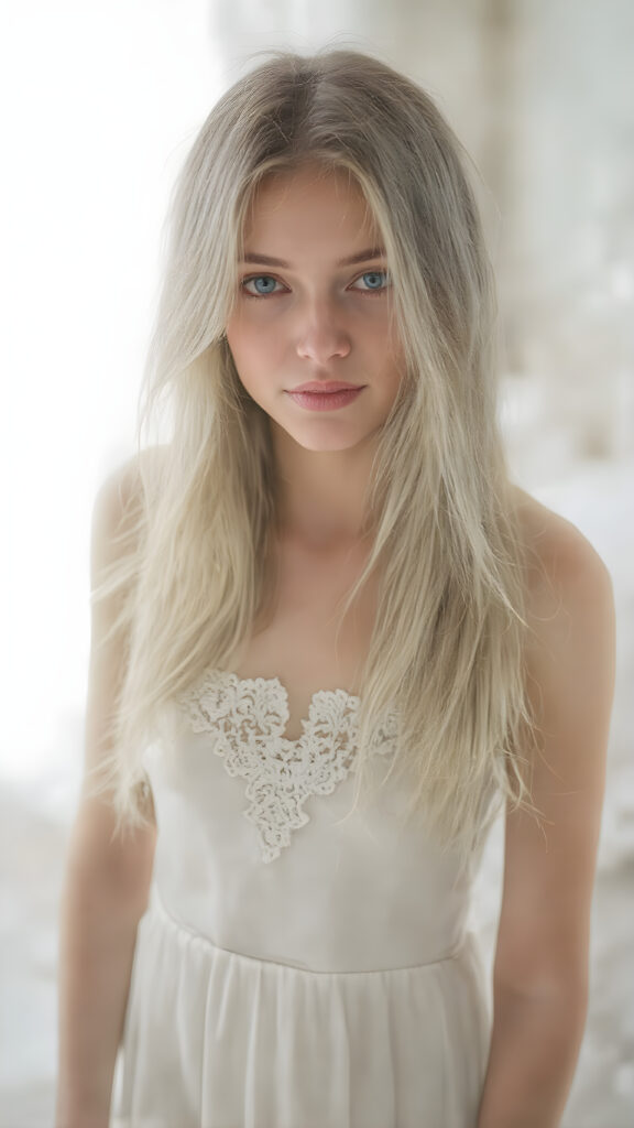 a (((stunning girl))) with (((soft long white hair))), (((extremely beautiful and alluring eyes))), dressed in a flowing (((long white silk dress))), (((adorned with delicate lace and flowers))), exuding tranquility and elegance, under a (misty backdrop of a luxurious white themed bedroom) where a soft glow emanates from her form