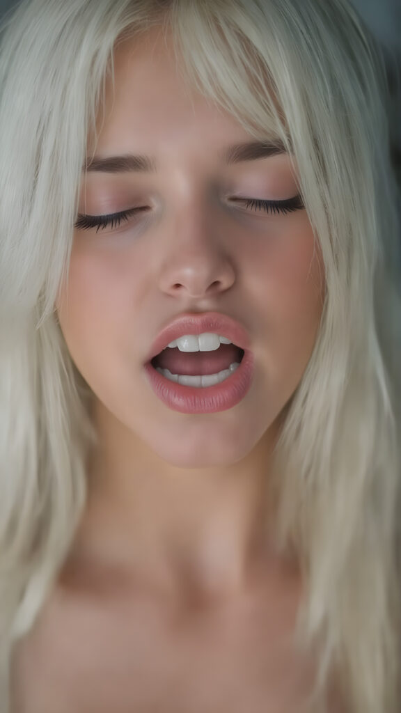 a stunning gorgeous girl looks at the viewer. Her long white hair falls over her upper body. She has a seductive look, full lips, round face, (closed eyes), wide open mouth, white teeth