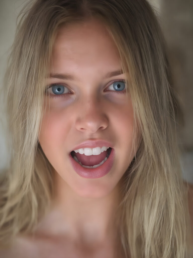 a stunning gorgeous girl looks at the viewer. Her long hair falls over her upper body. She has a seductive look, full lips, round face, (closed eyes OR light blue eyes), wide open mouth, white teeth