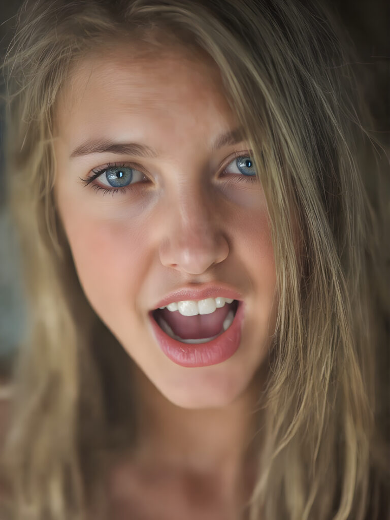 a stunning gorgeous girl looks at the viewer. Her long hair falls over her upper body. She has a seductive look, full lips, round face, (closed eyes OR light blue eyes), wide open mouth, white teeth