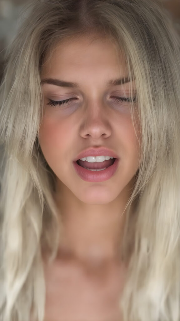 a stunning gorgeous girl looks at the viewer. Her long white hair falls over her upper body. She has a seductive look, full lips, round face, (closed eyes), wide open mouth, white teeth