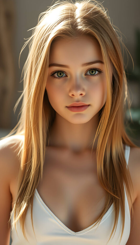 a stunning, highly detailed portrait of a cute and attractive young well busty girl with long, straight copper-blond hair. Her eyes are a mesmerizing light amber, sparkling with a warm, inviting gaze. She wears a white, V-neck tank top that highlights her graceful, curved figure. The scene is bathed in soft, natural lighting, casting a gentle glow on her face and hair. The background creating a dreamy, romantic atmosphere. The image is rendered in a hyper-realistic, vibrant style with intricate details, enhancing the visual appeal and warmth of the scene.