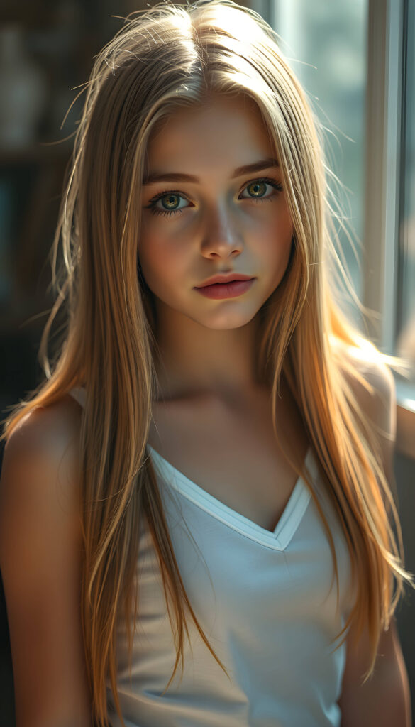 a stunning, highly detailed portrait of a cute and attractive young well busty girl with long, straight copper-blond hair. Her eyes are a mesmerizing light amber, sparkling with a warm, inviting gaze. She wears a white, V-neck tank top that highlights her graceful, curved figure. The scene is bathed in soft, natural lighting, casting a gentle glow on her face and hair. The background creating a dreamy, romantic atmosphere. The image is rendered in a hyper-realistic, vibrant style with intricate details, enhancing the visual appeal and warmth of the scene.