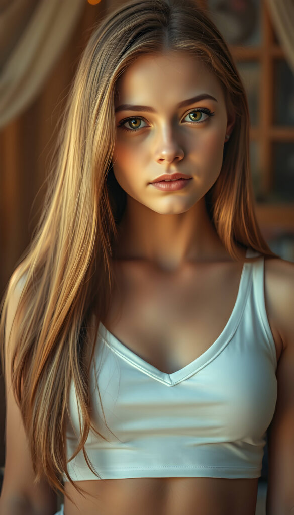 a stunning, highly detailed portrait of a cute and attractive young well busty girl with long, straight copper-blond hair. Her eyes are a mesmerizing light amber, sparkling with a warm, inviting gaze. She wears a white, V-neck tank top that highlights her graceful, curved figure. The scene is bathed in soft, natural lighting, casting a gentle glow on her face and hair. The background creating a dreamy, romantic atmosphere. The image is rendered in a hyper-realistic, vibrant style with intricate details, enhancing the visual appeal and warmth of the scene.