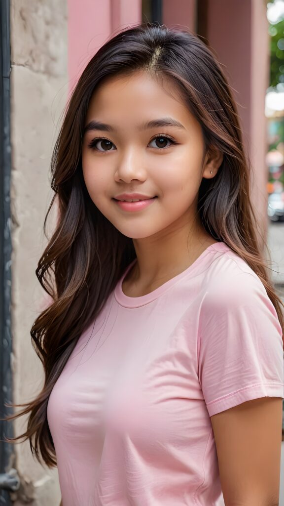 a stunning portrait (((ultra realistic professional photograph))) ((cute)) ((gorgeous)) excellently capturing an amiable, young Filipina teen girl, straight jet long hair, round face, full lips, smile, side view, ((pink no printed t-shirt))