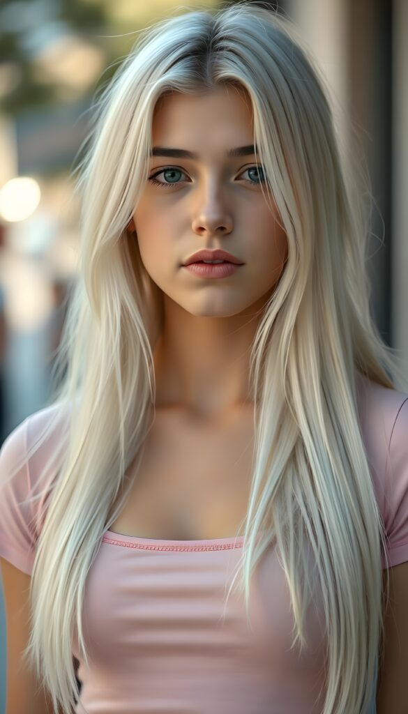 a stunning realistic gorgeous young teen girl with white soft long hair, sweetheart, short dressed in a plain pink cropped top with a deep neck